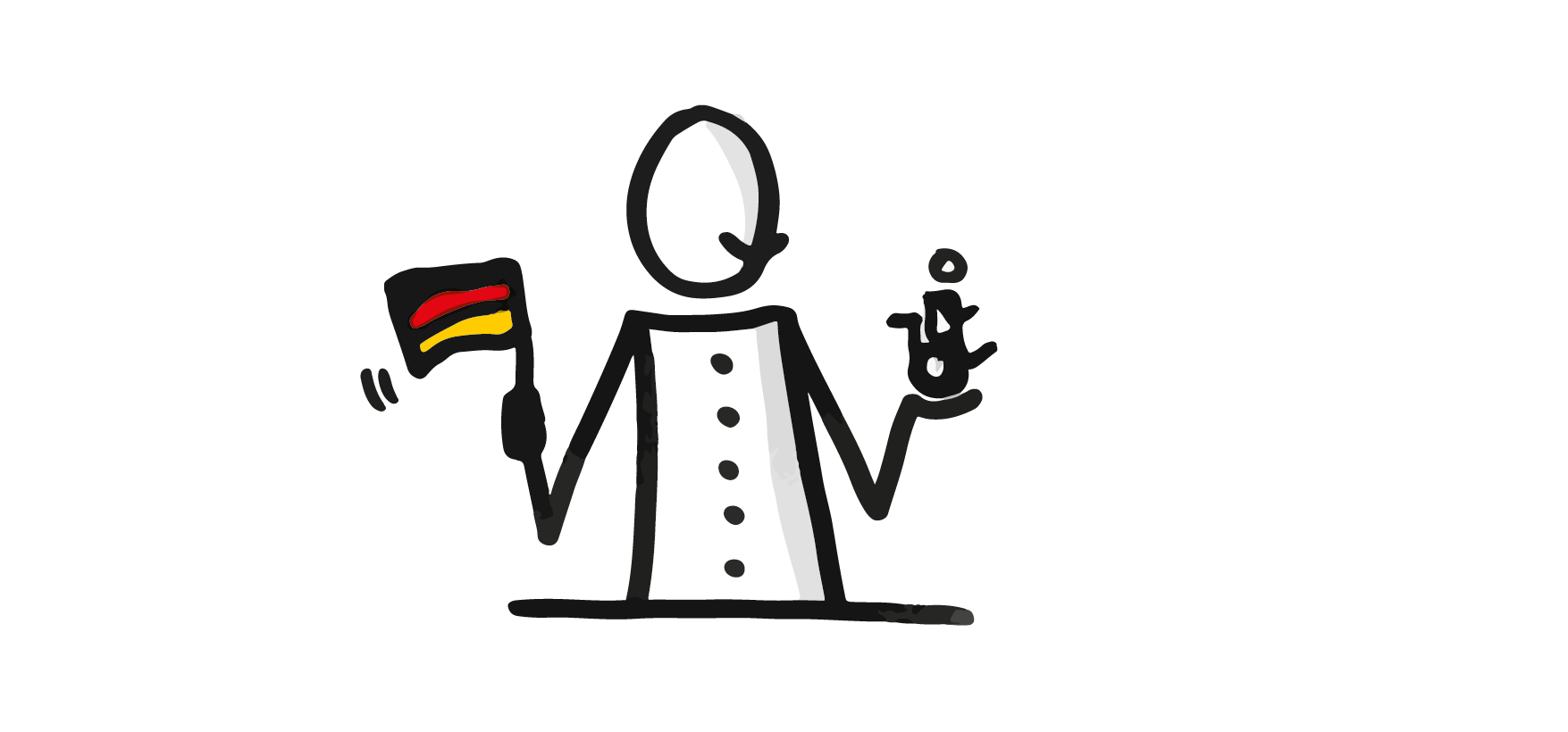 Auf dem Bild ist ein Mensch, der in der einen Hand eine Deutschlandfahne hochhält. Und in der anderen Hand eine kleine Figur mit einem Rollstuhl. Symbol für Behinderung.