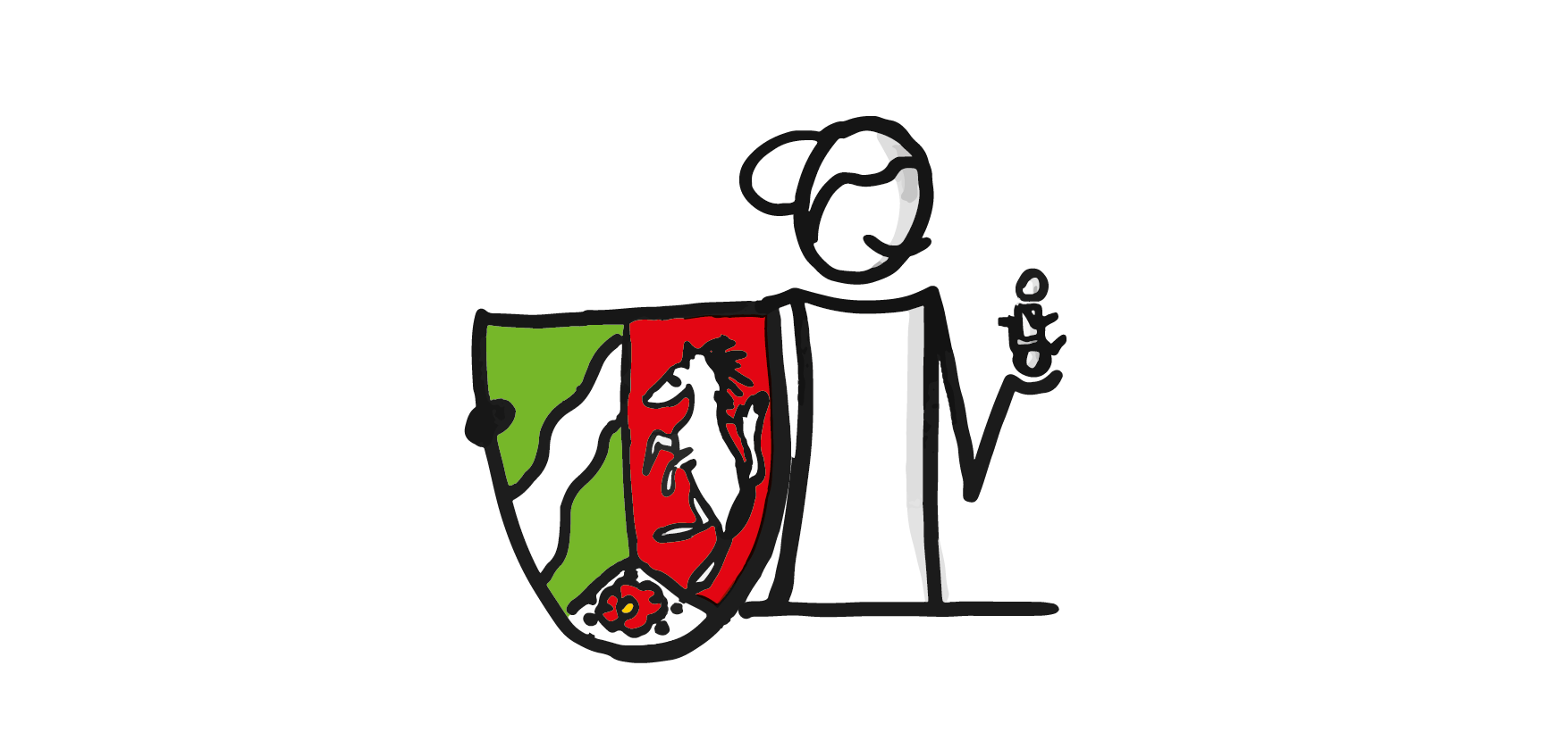 Auf dem Bild ist eine Frau. Sie hält das Wappen von NRW in der Hand. Darauf ist in der einen Hälfte der Rhein zu sehen und auf der anderen Hälft ein Pferd. Die Frau hat eine kleine Figur mit einem Rollstuhl in der anderen Hand. Symbol für Behinderung.