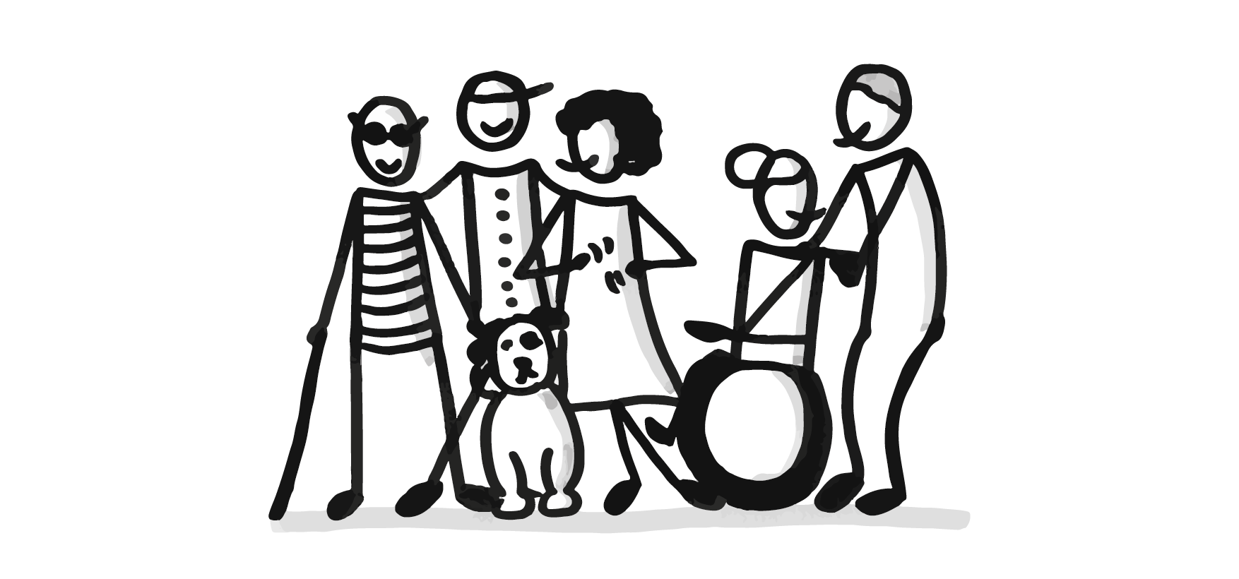 Auf dem Bild ist eine Gruppe von Menschen mit und ohne Behinderung. Zum Beispiel ein blinder Mensch mit Blindenhund, eine Rollstuhlfahrerin und eine Frau die Gebärdensprache mit ihren Händen macht.