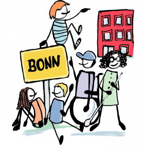 bonn-gruppe Ein Ortsschild mit dem Aufdruck Bonn. Rund um das Schild sind fünf Personen zu sehen. Zwei sitzen auf dem Boden an das Schild gelehnt. Eine Person sitzt auf dem Schild. Rechts neben dem Schild sind ein Rollstuhlfahrer und eine blinde Frau mit Langstock. Im Hintergrund ist ein hohes Haus mit vielen Fenstern.