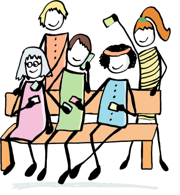 Eine Gruppe von Menschen sitzt auf einer Bank. Zwei Personen stehen hinter der Bank. Sie tauschen Visitenkarten aus und vernetzen sich.