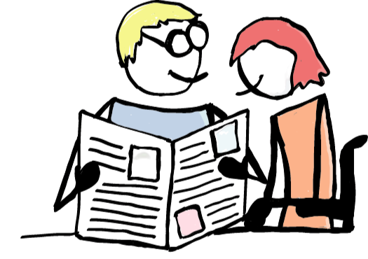 oeffentlichkeitsarbeit Zwei Personen schauen gemeinsam in eine Zeitung.