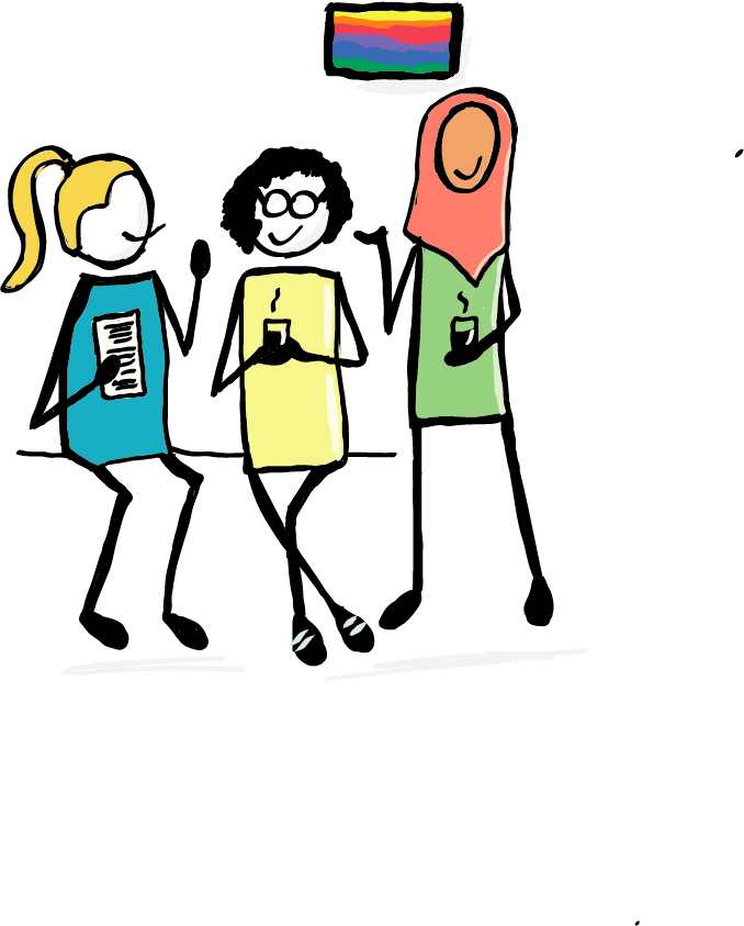 Eine Gruppe von Menschen sitzt auf einer Bank. Zwei Personen stehen hinter der Bank. Sie tauschen Visitenkarten aus und vernetzen sich.