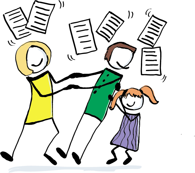 Eine Gruppe von Menschen sitzt auf einer Bank. Zwei Personen stehen hinter der Bank. Sie tauschen Visitenkarten aus und vernetzen sich.