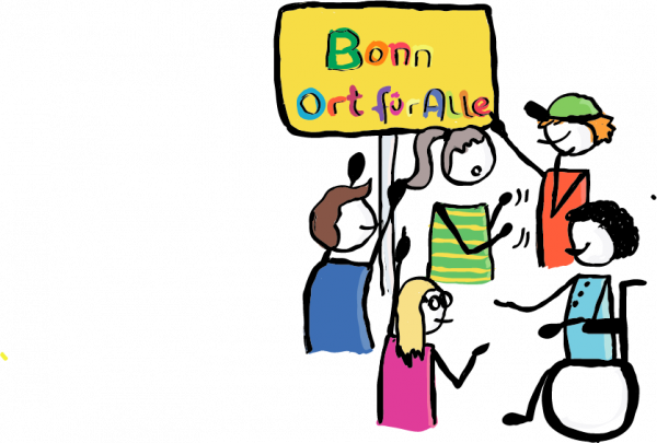 Bonn Ort für Alle Eine Gruppe von Menschen sitzt auf einer Bank. Zwei Personen stehen hinter der Bank. Sie tauschen Visitenkarten aus und vernetzen sich.