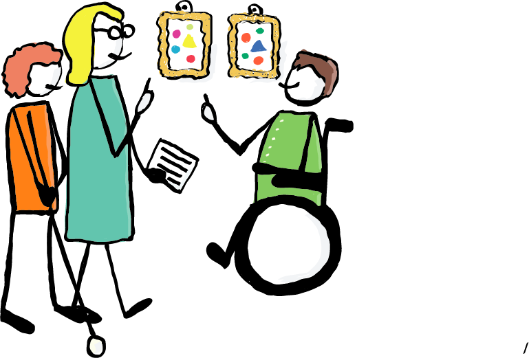 Eine Gruppe von sechs Personen. Eine Frau im Rollstuhl und ein Mann mit Blindenstock sind in der Gruppe zu sehen. Eine Person, die hinten steht, hält ein Schild mit Schriftzug Inklusion hoch. 