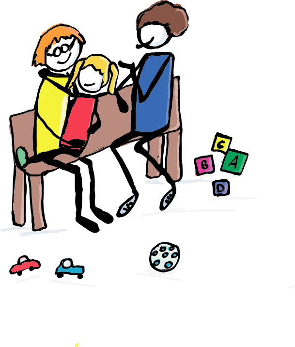 Frühe Hilfen Eine Gruppe von Menschen sitzt auf einer Bank. Zwei Personen stehen hinter der Bank. Sie tauschen Visitenkarten aus und vernetzen sich.