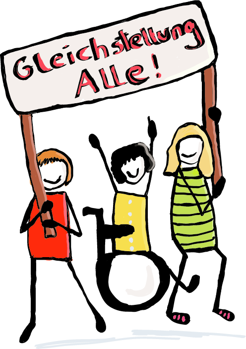 Gleichstellungstag Zwei Personen sitzen an einem Tisch. Auf dem Tisch ist ein Mikrophon, zwei Wassergläser, ein beschriebenes Papier und ein Laptop. Die linke Person sitzt im Rollstuhl. Über ihr ist eine Sprechblase, in der eine Barriere durchgestrichen ist. Die Frau auf der rechten Seite hört überrascht zu.