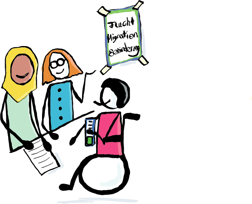 Eine Gruppe von Menschen sitzt auf einer Bank. Zwei Personen stehen hinter der Bank. Sie tauschen Visitenkarten aus und vernetzen sich.