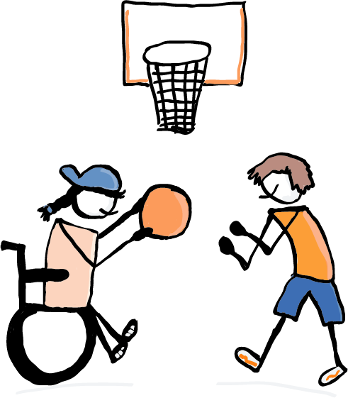 Sport und Inklusion(1) Eine Gruppe von Menschen sitzt auf einer Bank. Zwei Personen stehen hinter der Bank. Sie tauschen Visitenkarten aus und vernetzen sich.